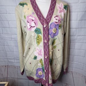 Vintage Storybook Knits Purple Flowery Design Cardigan Sweater L Grandmacore
